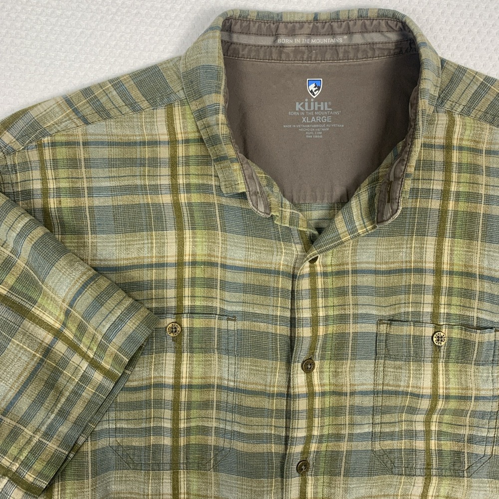 Kuhl Shirt Linen Blend Short Sleeve Button Up Mens XL Olive Plaid Casual Outdoor